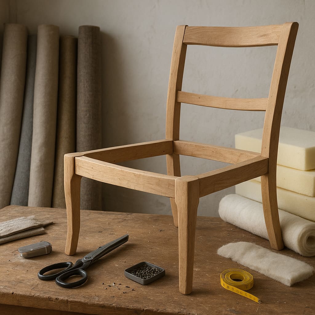 Polsterarbeitsplatz mit Stuhlrahmen